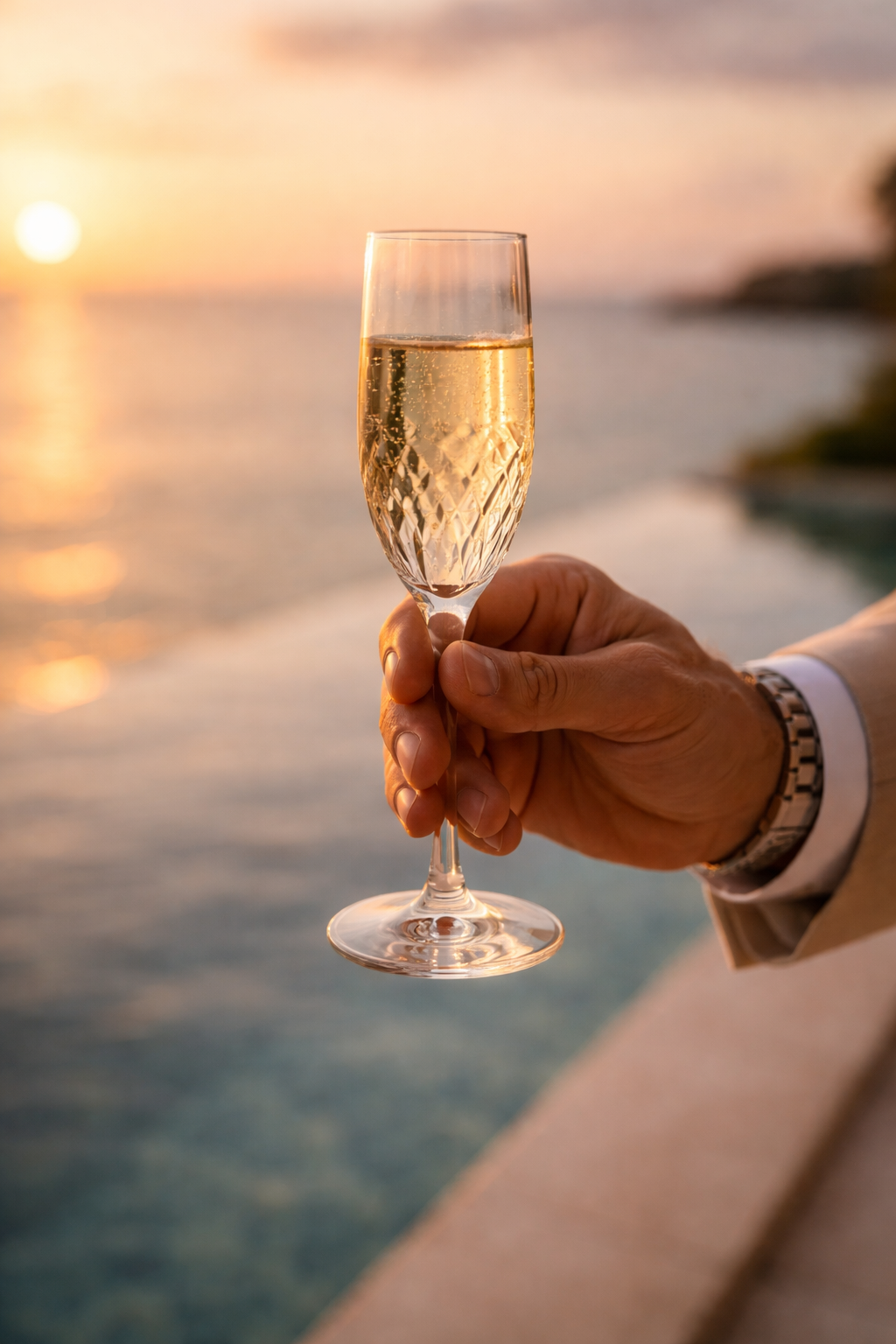 Célébration et réussite avec champagne au coucher du soleil - Caraïbes