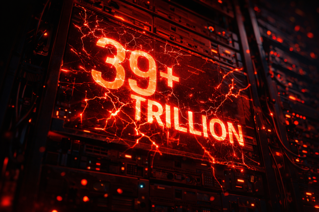 Écrans d'ordinateurs rouges dans un centre de données affichant des chiffres de dette en milliards de dollars, montrant la crise fiscale américaine.