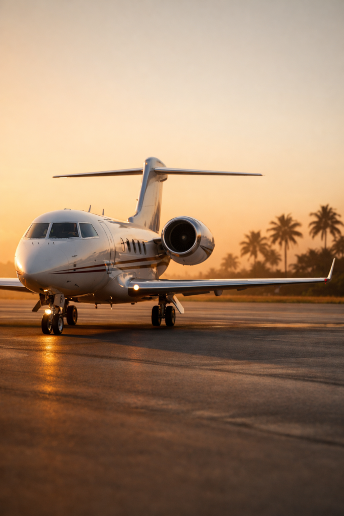 Private jet on a silent tropical runway at sunset, symbolizing control, luxury travel, and zero friction lifestyle